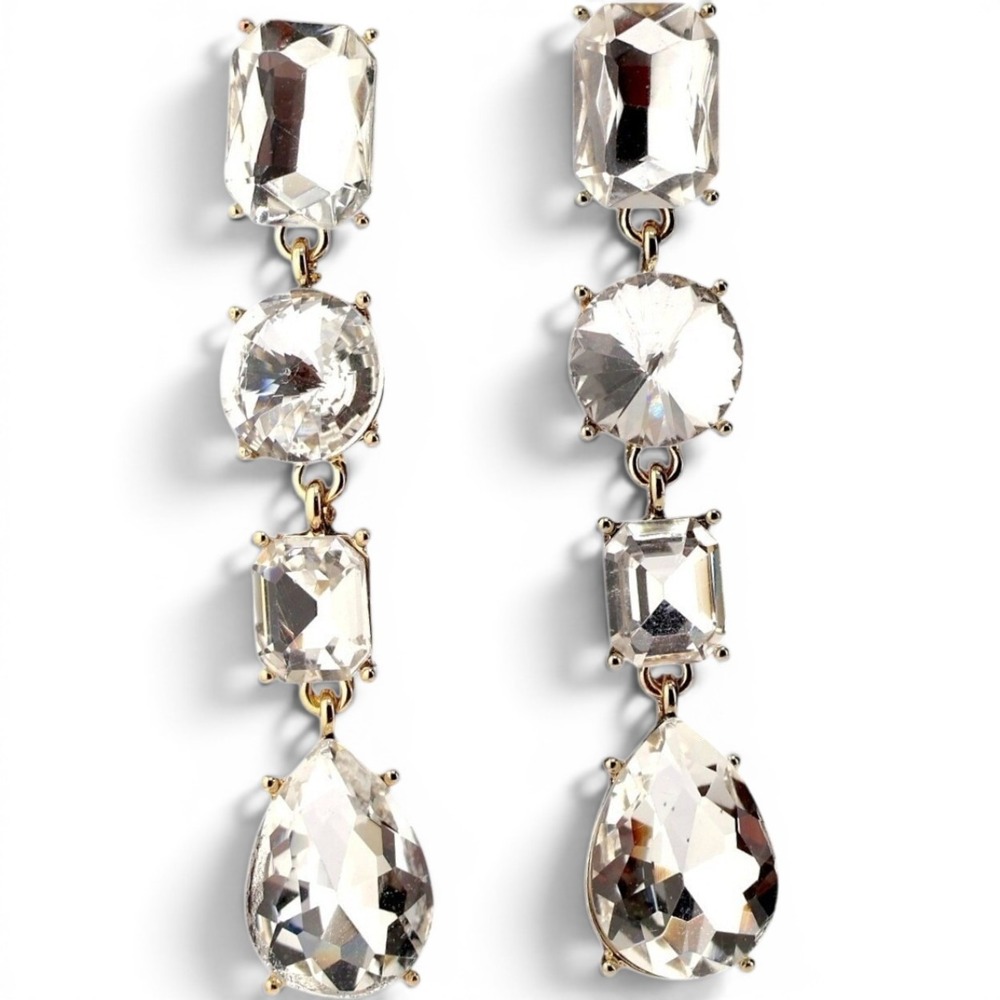 Swarovski Crystal Earrings Mixed Cut Crystal Long Linear Drop Gold Tone New